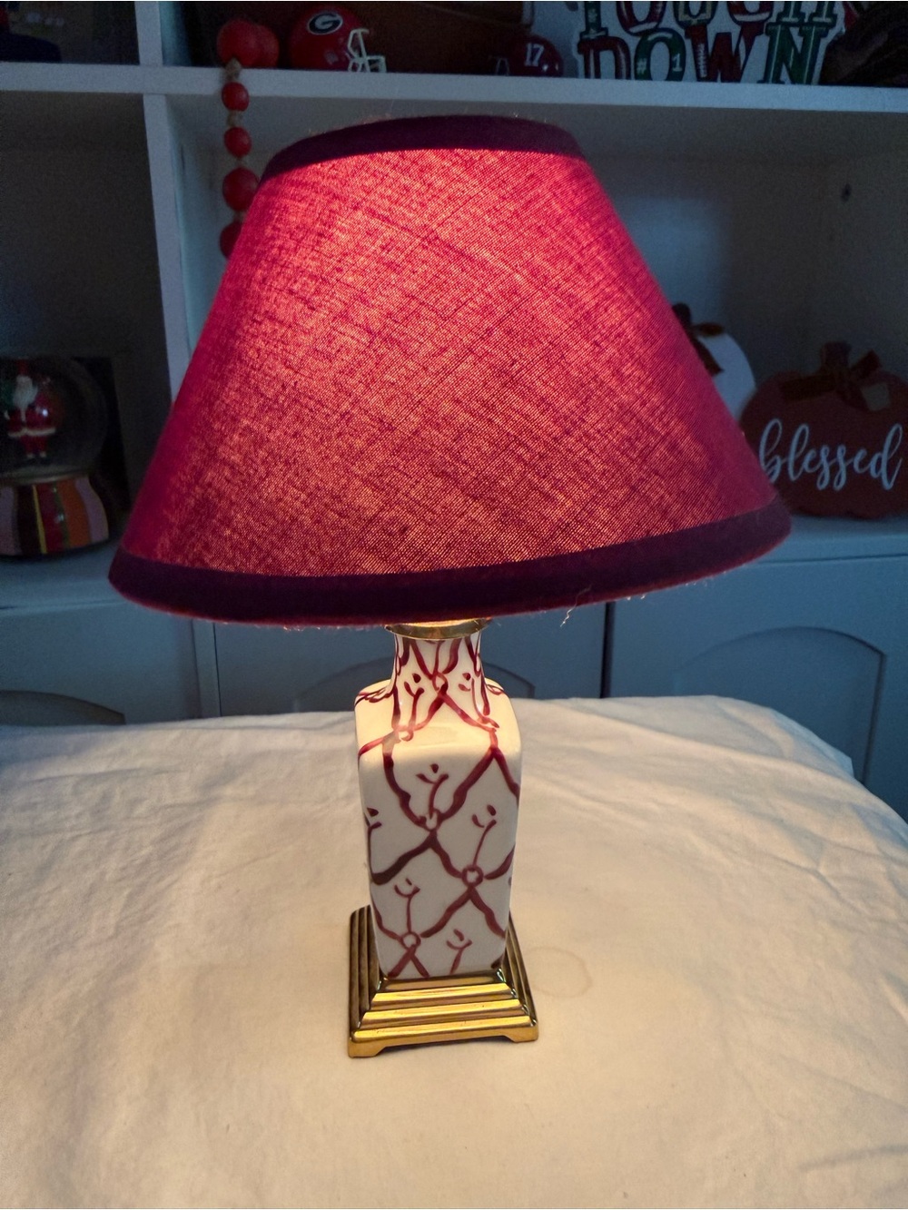 Ceramic Accent Table Lamp with Red Pattern and Red Shade